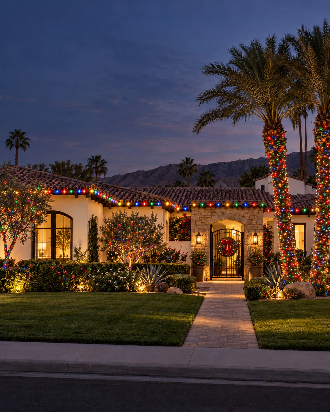 Illustration of a desert home with traditional multicolor Christmas lights along the roofline and around palm trees.