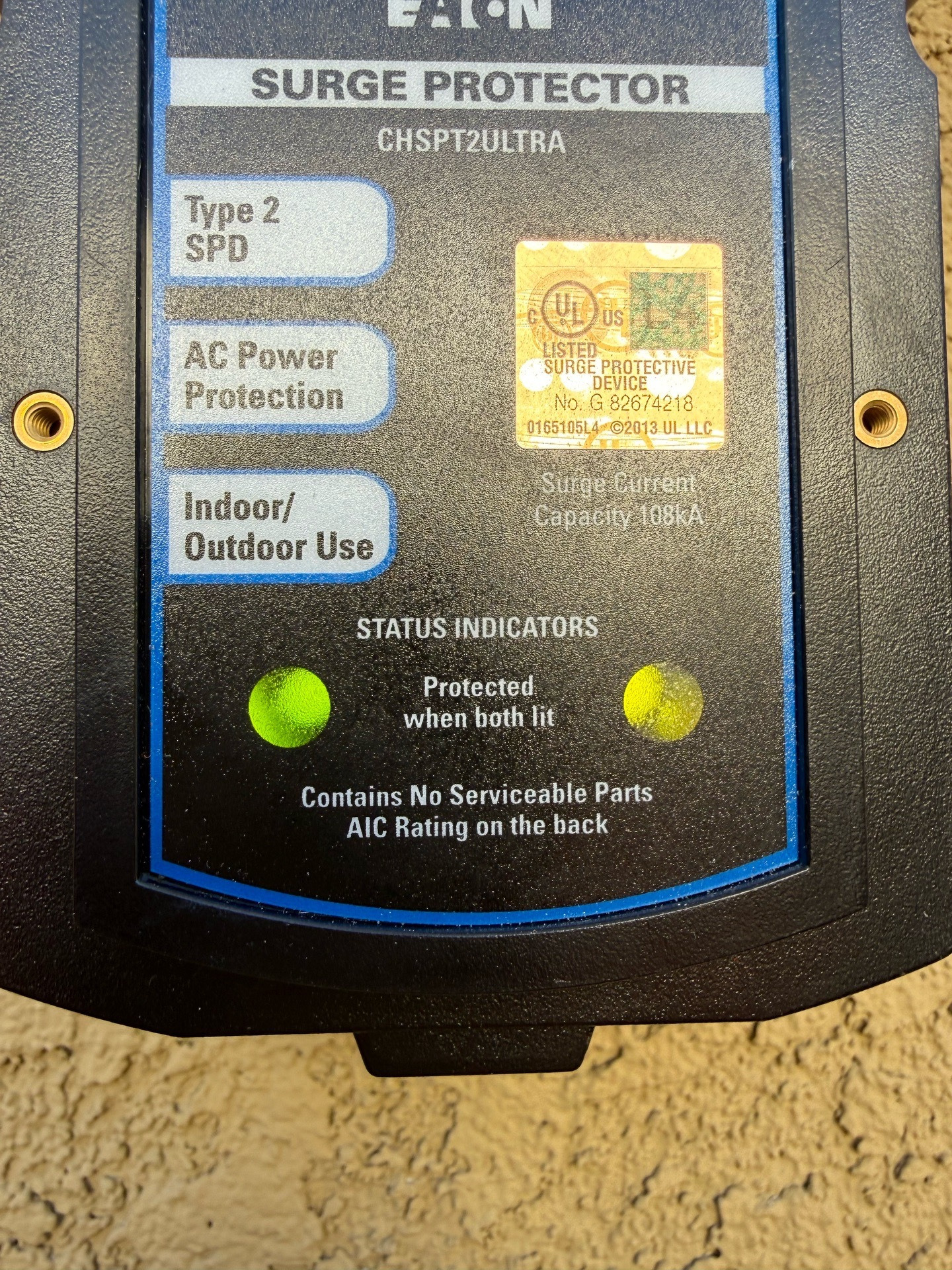 Installed Eaton Type 2 surge protective device with both status indicators illuminated