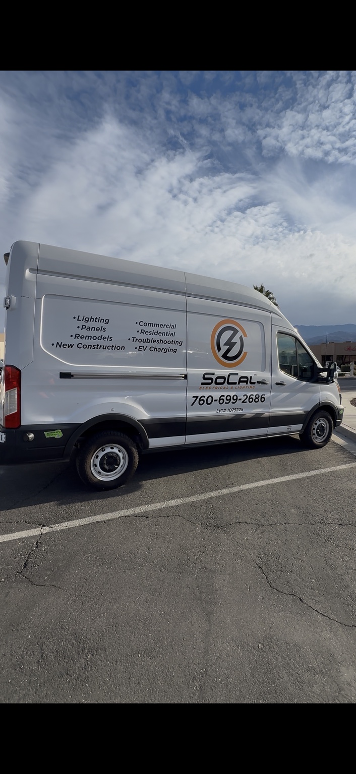 Branded SoCal Electrical & Lighting service van in the Coachella Valley