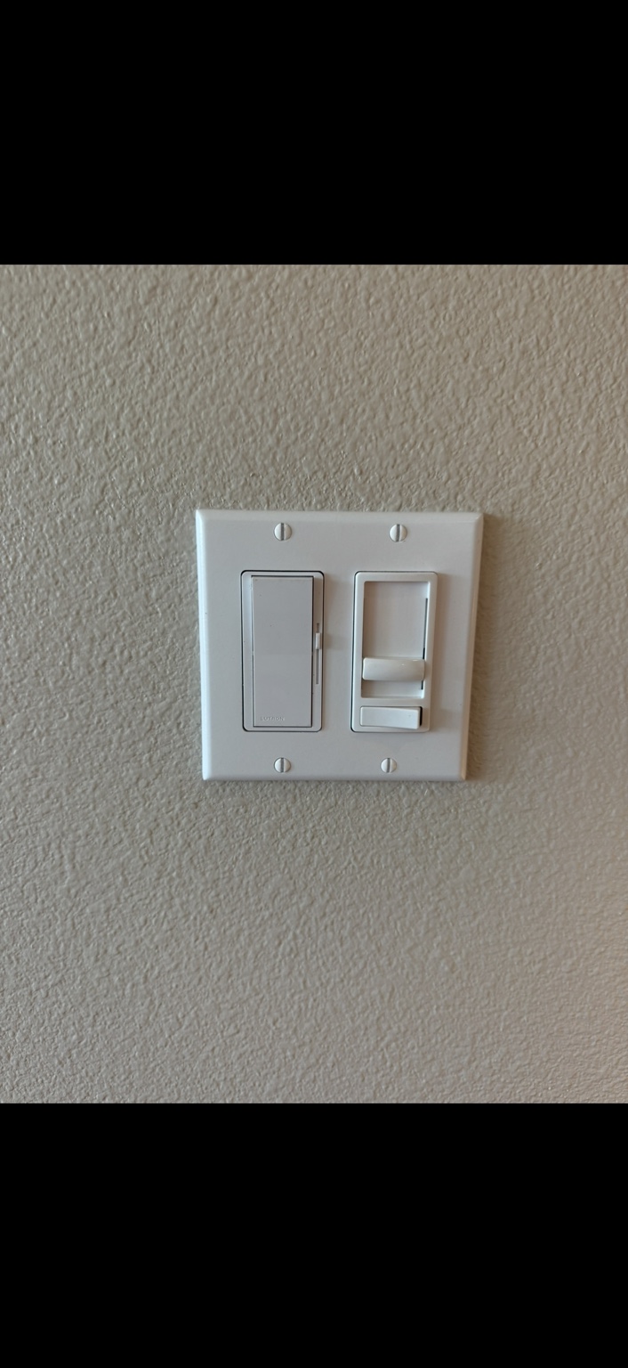 Wall switch and dimmer controls installed side by side